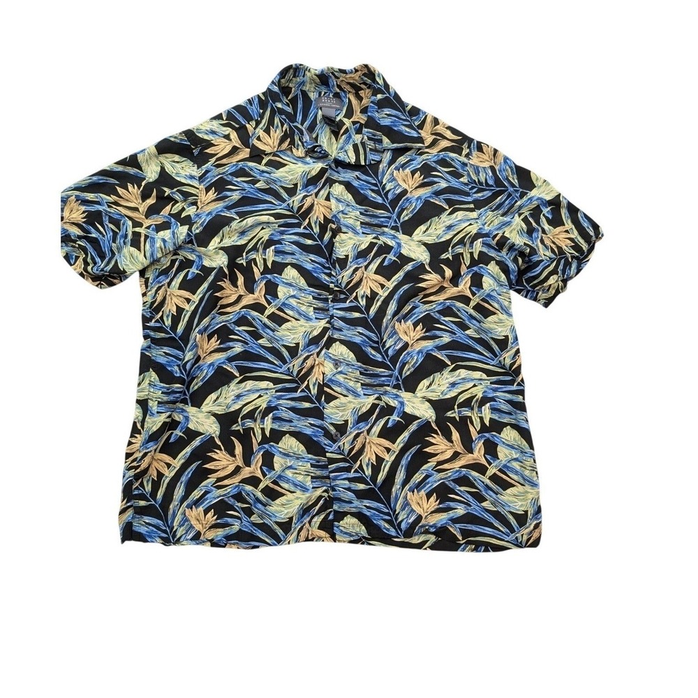 Crazy Horse Claiborne Mens XL Tropical Floral Rayon Button Down Shirt Dark Blue